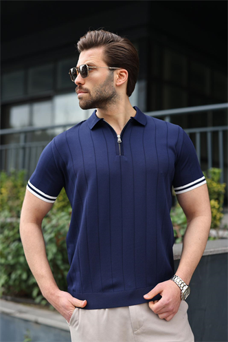 Madmext Erkek Lacivert Polo Yaka Fermuarlı Tişört 6876