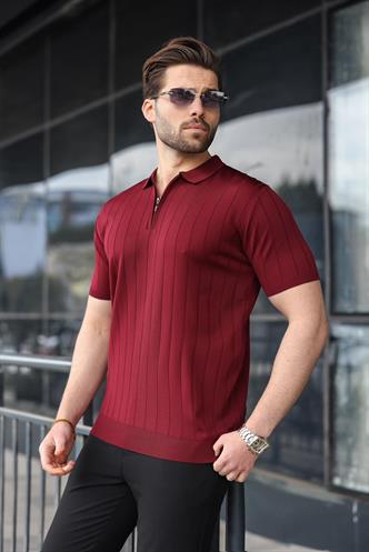 Madmext Bordo Polo Yaka Fermuarlı Erkek T-shirt E7298