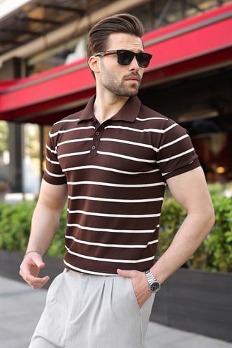 Acı Kahverengi Çizgili Polo Yaka Triko Erkek T-shirt E7405
