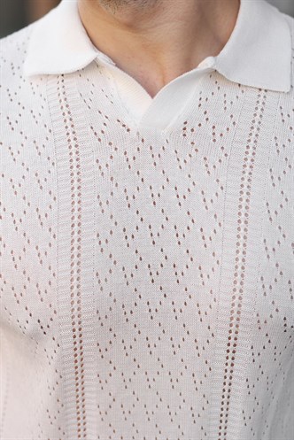 Beyaz Delikli Polo Yaka Erkek Triko Tişört E7495