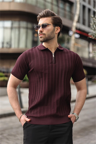 Bordo Yarım Fermuarlı Polo Yaka Erkek Kazak E7458