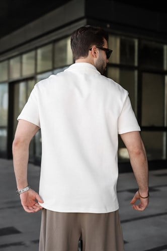 Ekru Yarım Fermuar Detaylı Polo Yaka Erkek Tişört E7184