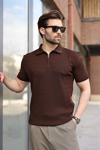 Acı Kahverengi Polo Yaka Örgü Desenli Triko Erkek Tişört E7489
