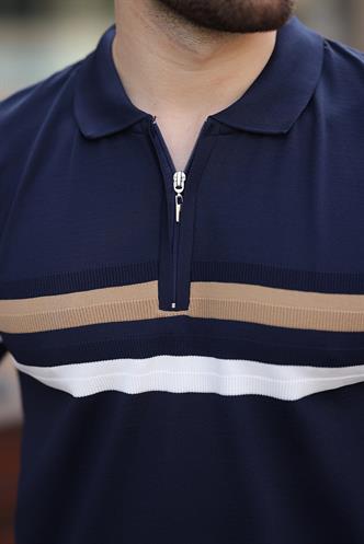 Lacivert Fermuarlı Polo Yaka Triko Erkek T-shirt E7299