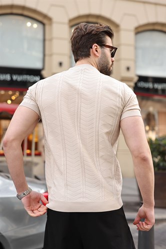 Taş Rengi Bisiklet Yaka Slim Fit Triko Erkek Tişört E7466
