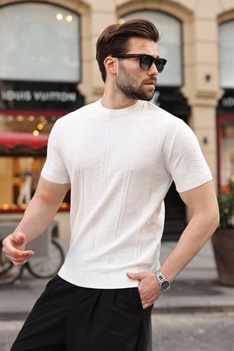 Beyaz Bisiklet Yaka Slim Fit Triko Erkek Tişört E7466
