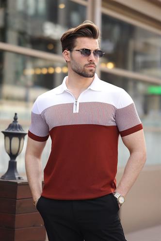 Kiremit Renk Bloklu Polo Yaka Triko Erkek T-shirt E7409