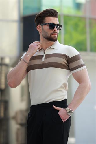 Taba Fermuarlı Polo Yaka Çizgili Erkek Tişört E7406