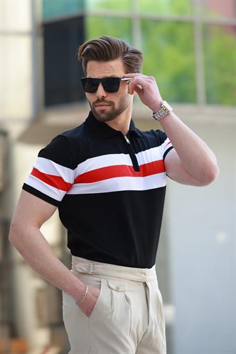 Siyah Fermuarlı Polo Yaka Çizgili Erkek Tişört E7406