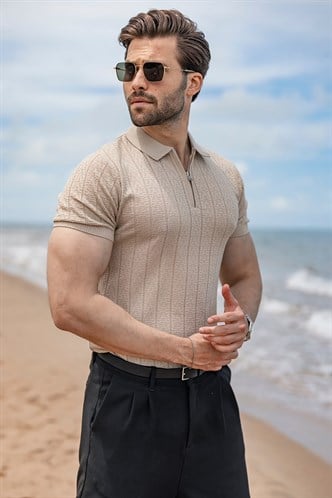 Taş Rengi Regular Fit Polo Yaka Triko Erkek Tişört E7503