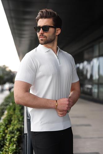 Madmext Beyaz Polo Yaka Fermuarlı Erkek T-shirt E7298