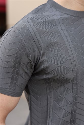 Antrasit Bisiklet Yaka Slim Fit Triko Erkek Tişört E7466