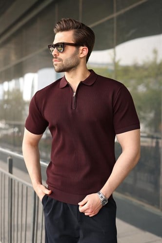 Mürdüm Yarım Fermuar Detaylı Polo Yaka Triko Erkek Tişört E7492