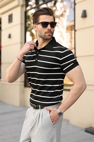 Siyah Çizgili Polo Yaka Triko Erkek T-shirt E7405