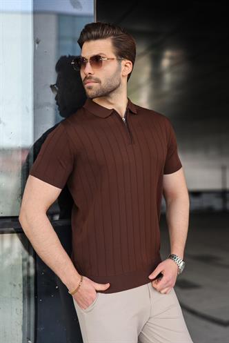 Madmext Kahverengi Polo Yaka Fermuarlı Erkek T-shirt E7298