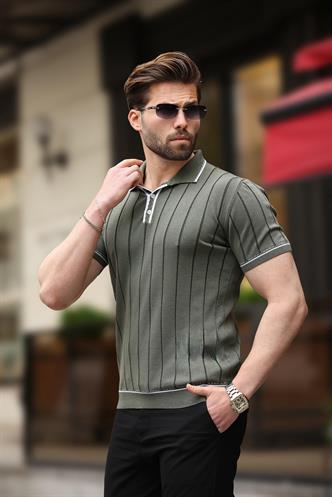 Haki Düğmeli Polo Yaka Triko Erkek Tişört E7408