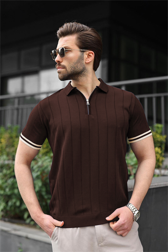 Madmext Erkek Kahverengi Polo Yaka Fermuarlı Tişört 6876