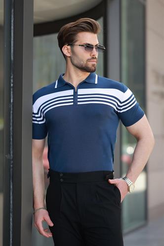 Lacivert Fermuarlı Polo Yaka Erkek Triko T-shirt E7407