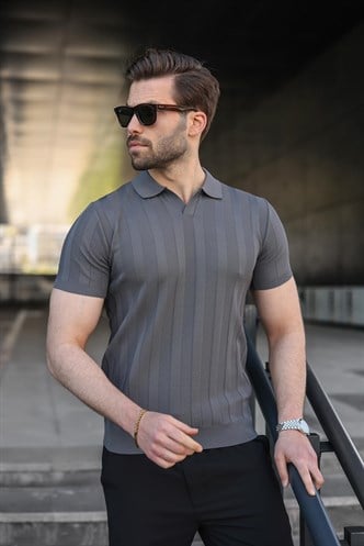 Antrasit Slim Fit Polo Yaka Triko Erkek Tişört E7491