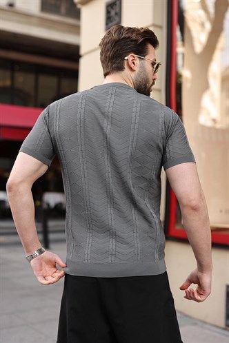 Antrasit Bisiklet Yaka Slim Fit Triko Erkek Tişört E7466