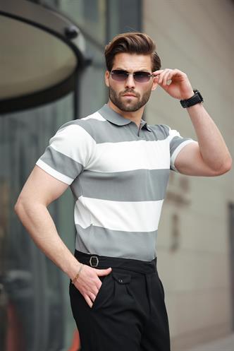 Beyaz Polo Yaka Çizgili Erkek Triko Tişört E7411