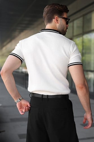 Beyaz Yarım Fermuarlı Polo Yaka Triko Erkek Tişört E7501