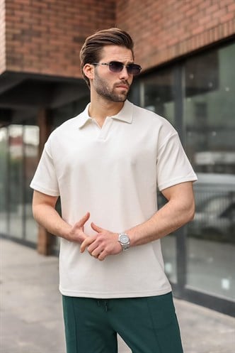 Ekru Polo Yaka Oversize Erkek Tişört E7185