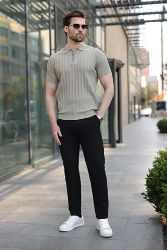 Kum Rengi Yarım Fermuarlı Polo Yaka Erkek Triko Tişört E7458