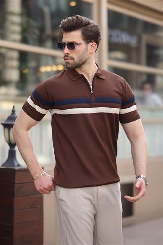 Kahverengi Fermuarlı Polo Yaka Triko Erkek T-shirt E7299