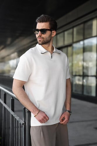 Ekru Yarım Fermuar Detaylı Polo Yaka Erkek Tişört E7184