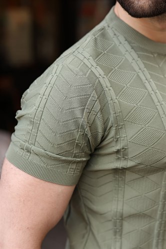 Haki Bisiklet Yaka Slim Fit Triko Erkek Tişört E7466