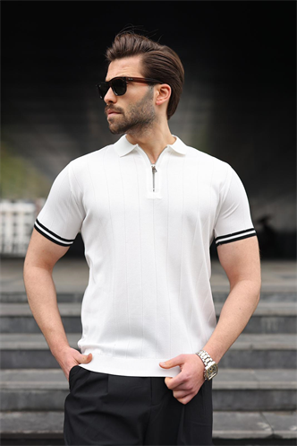 Madmext Erkek Beyaz Polo Yaka Fermuarlı Tişört 6876