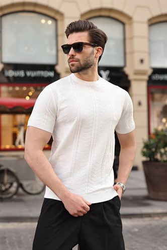 Beyaz Bisiklet Yaka Slim Fit Triko Erkek Tişört E7466