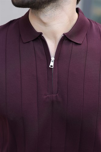 Madmext Erkek Mürdüm Polo Yaka Fermuarlı Tişört 6876