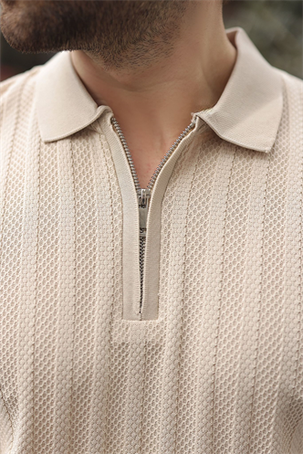 Taş Rengi Yarım Fermuarlı Polo Yaka Erkek Triko Tişört E7458