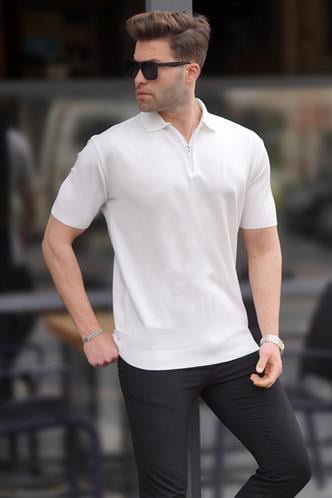 Beyaz Fermuar Detaylı Polo Yaka Triko Tişört 6885
