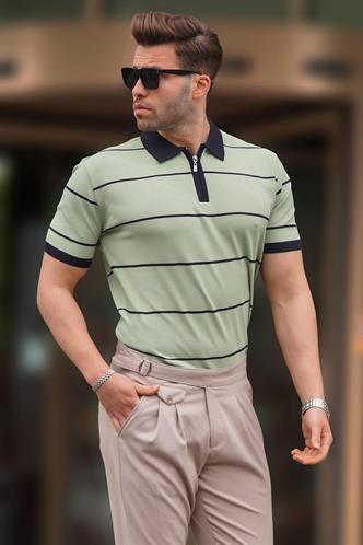Çağla Yeşili Çizgili Polo Yaka Fermuarlı Tişört 6898