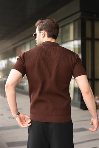 Kahverengi Yarım Fermuar Detaylı Polo Yaka Triko Erkek Tişört E7492