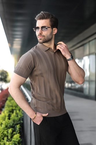 Açık Kahverengi Slim Fit Polo Yaka Triko Erkek Tişört E7491