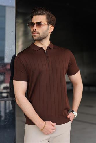 Madmext Kahverengi Polo Yaka Fermuarlı Erkek T-shirt E7298