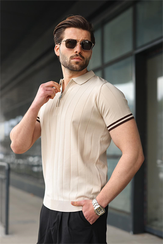 Madmext Erkek Taş Rengi Polo Yaka Fermuarlı Tişört 6876