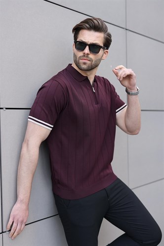 Madmext Erkek Mürdüm Polo Yaka Fermuarlı Tişört 6876