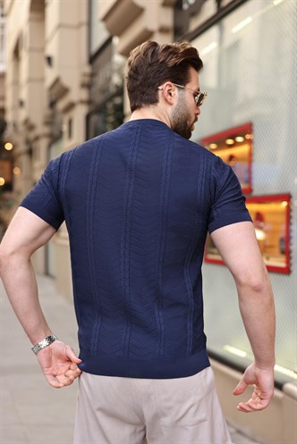 Lacivert Bisiklet Yaka Slim Fit Triko Erkek Tişört E7466