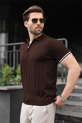 Madmext Erkek Kahverengi Polo Yaka Fermuarlı Tişört 6876