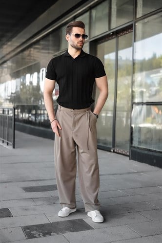 Siyah Slim Fit Polo Yaka Triko Erkek Tişört E7491