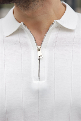 Madmext Erkek Beyaz Polo Yaka Fermuarlı Tişört 6876