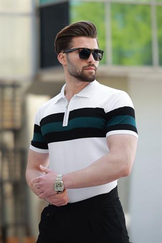 Beyaz Fermuarlı Polo Yaka Çizgili Erkek Tişört E7406