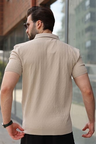 Bej Polo Yaka Örgü Desenli Triko Erkek Tişört E7489
