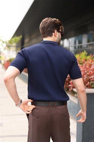 Lacivert Yarım Fermuar Detaylı Polo Yaka Triko Erkek Tişört E7492