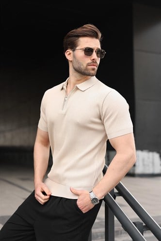 Taş Rengi Yarım Fermuar Detaylı Polo Yaka Triko Erkek Tişört E7492